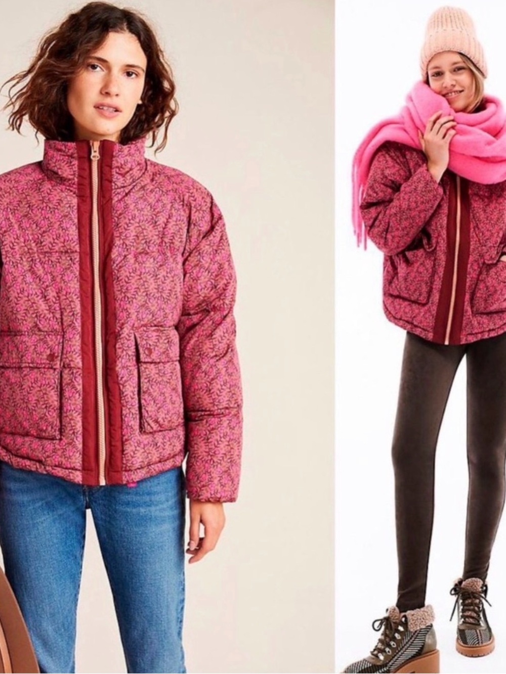 Anthropologie Numph Quilted Pink Textured Puffer Jacket with Stand Collar